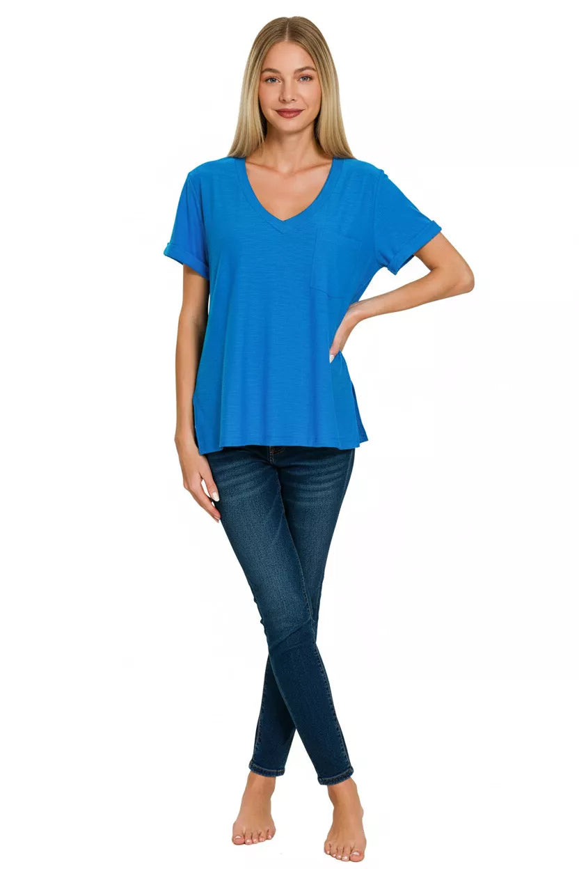 Zenana Slub Rolled Short Sleeve V-Neck Tee