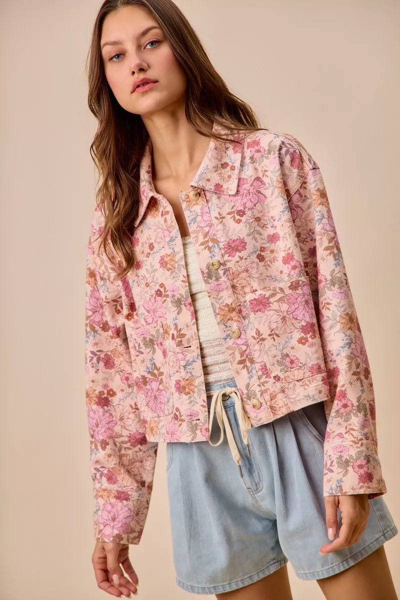 SO ME Floral Print Cotton Twill Button Down Barn Jacket