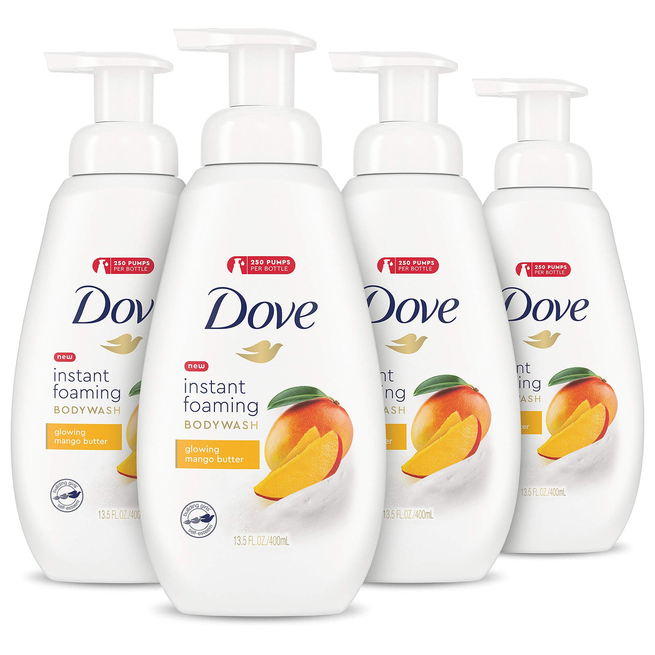 Dove Foaming Body Wash for All Skin Types Mango Butter For Glowing Skin 13.5 Ounce (Pack of 4)