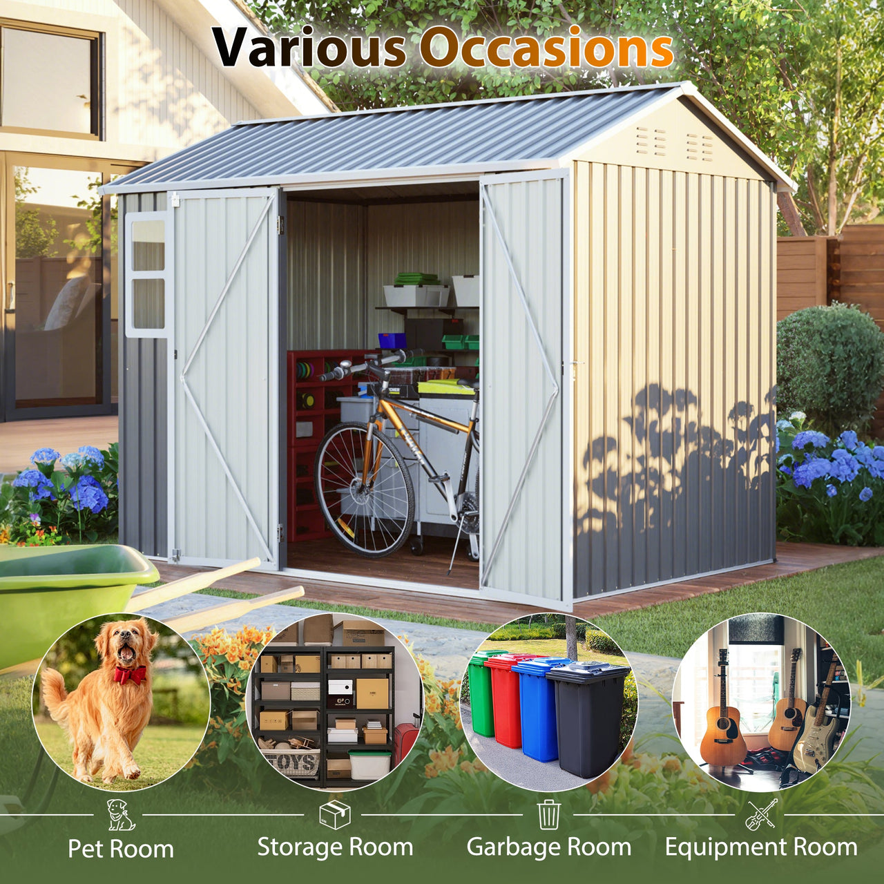 8'x6' Large Steel Storage Shed with Window, Lockable Doors & Sloped Roof, Heavy Duty Outdoor Tool Shed for Garden, Patio, Backyard, Lawn - Dark Gray