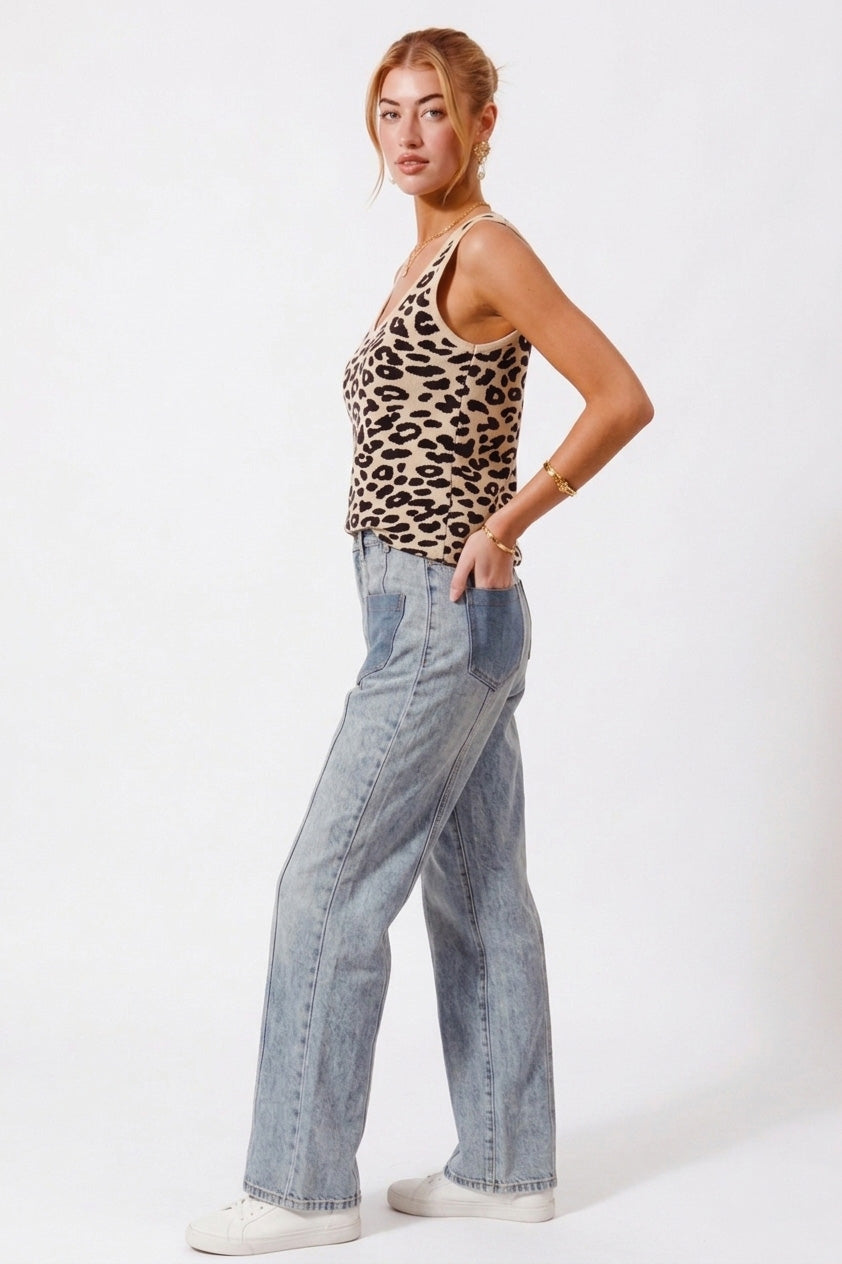 SO ME Leopard Knitted Lightweight V Neck Tank Top