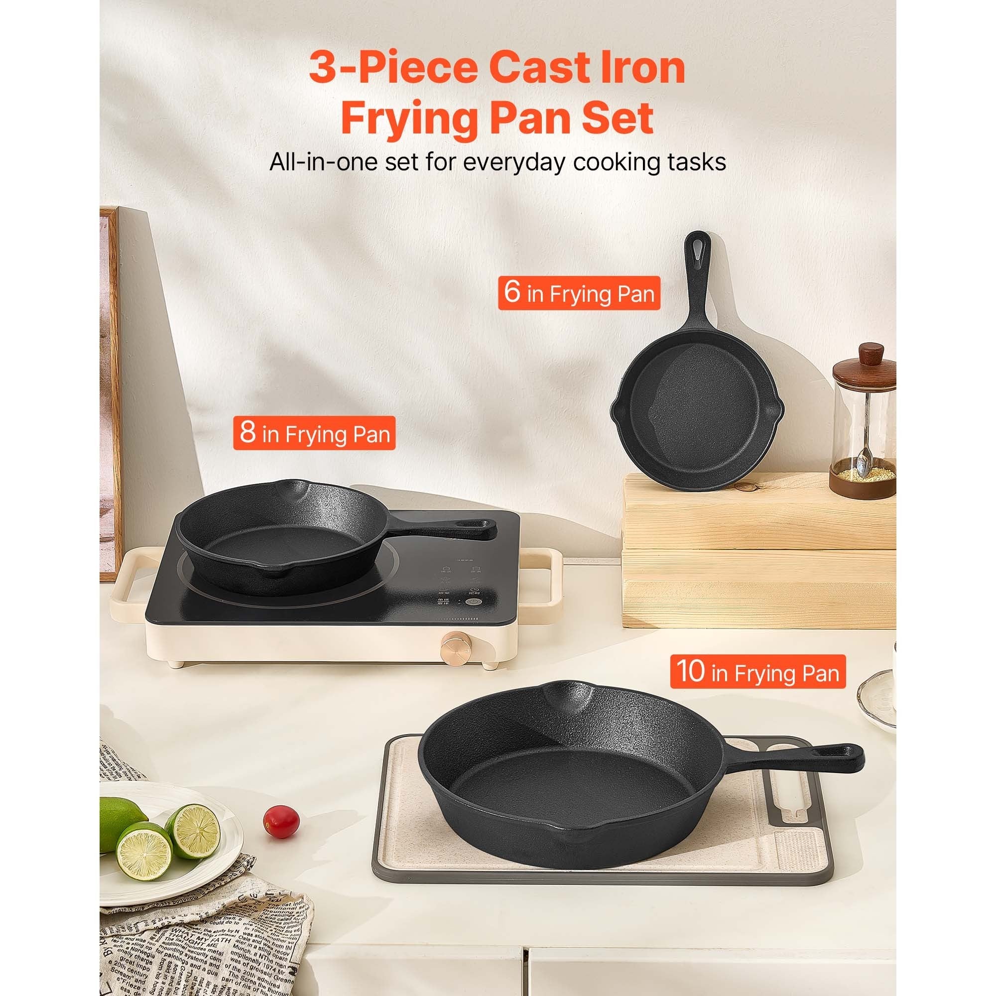 3 Piece Cast Iron Skillet Frying Pan Set 6 8 10 in Handle Pre-Seasoned Black