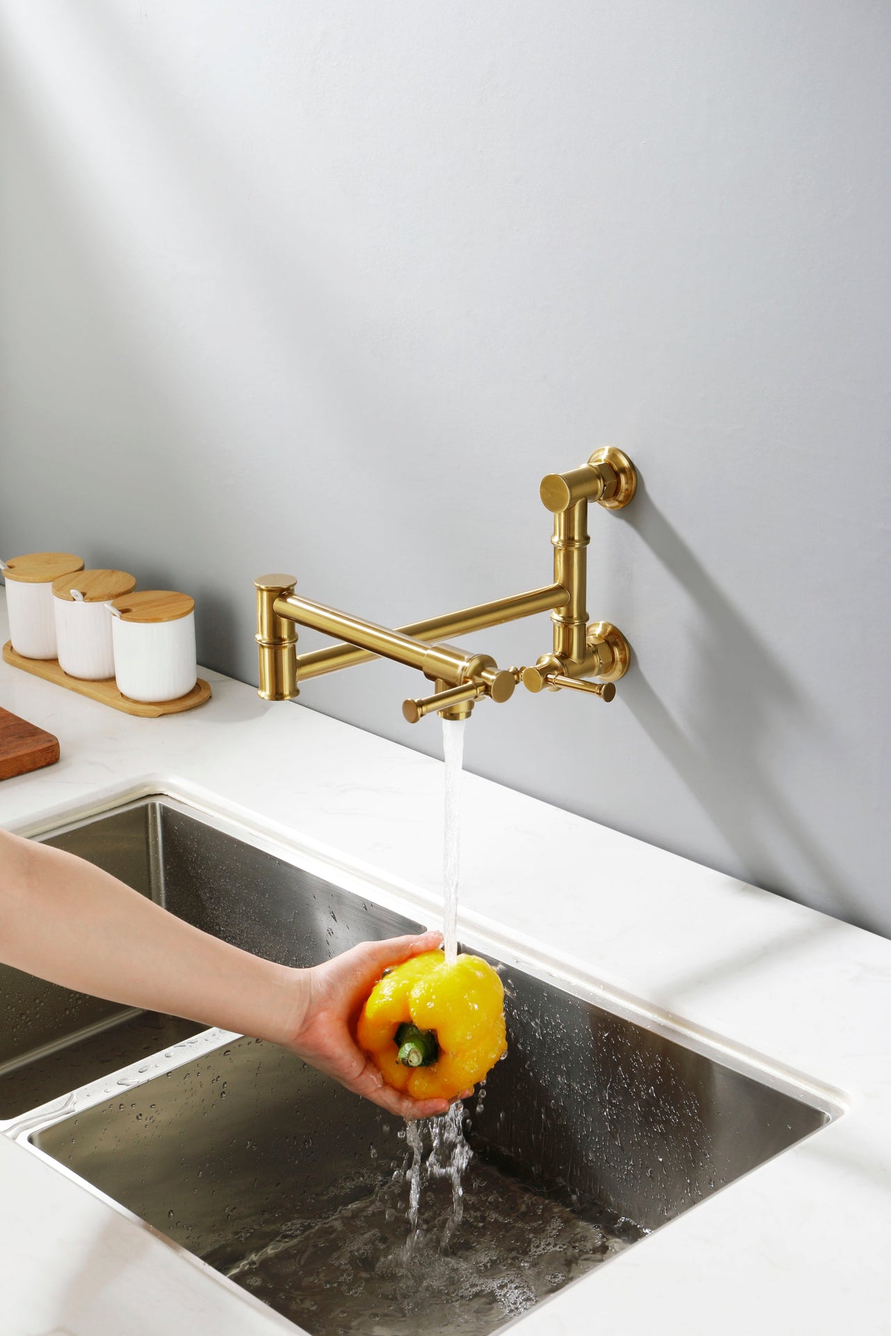 Wall mounted Pot Filler Faucet, Modern Brass Pot Filler Two-Attachment Wall Mount Folding Kitchen Pot Filler Swing Arm