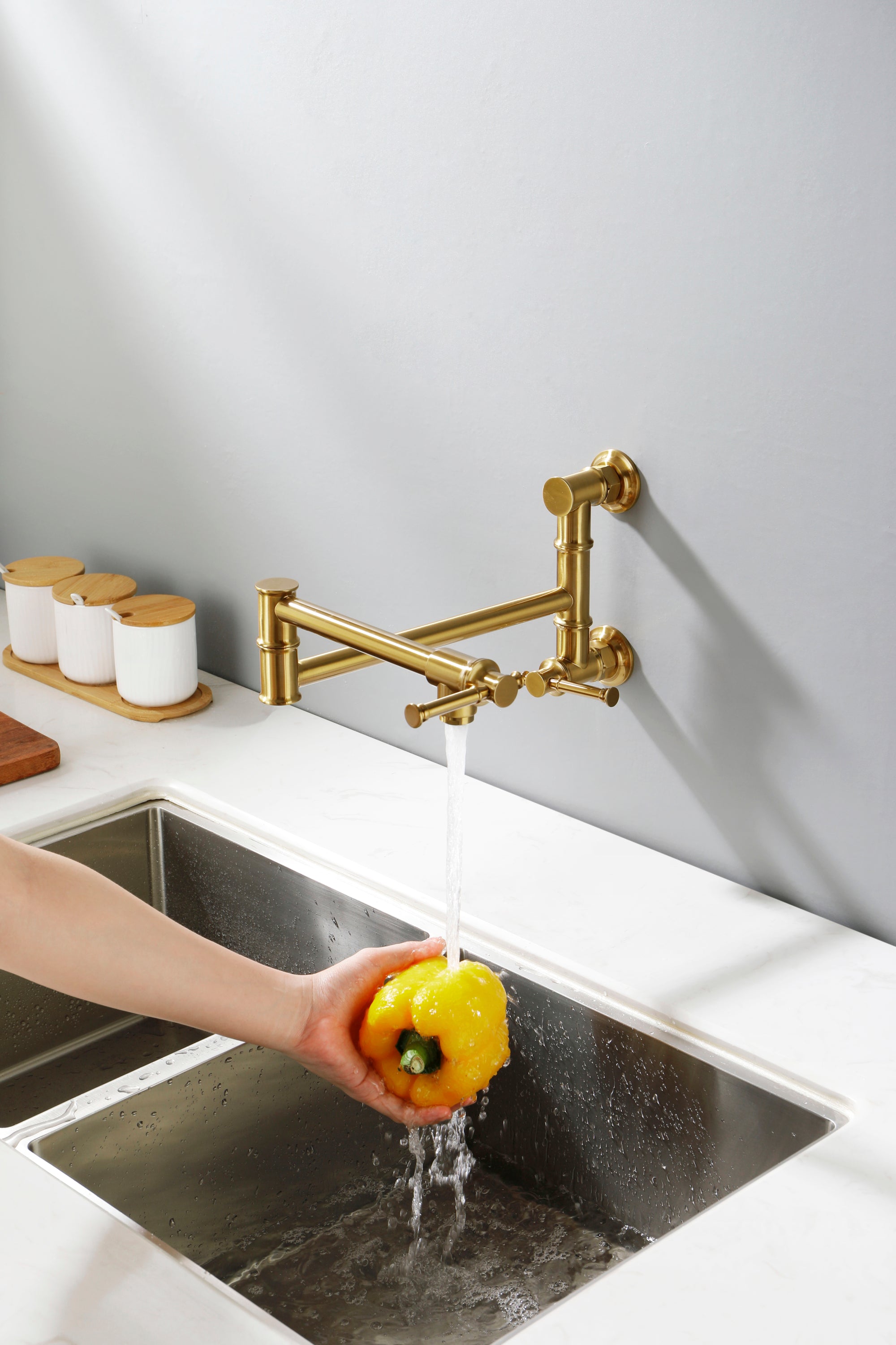 Wall mounted Pot Filler Faucet, Modern Brass Pot Filler Two-Attachment Wall Mount Folding Kitchen Pot Filler Swing Arm