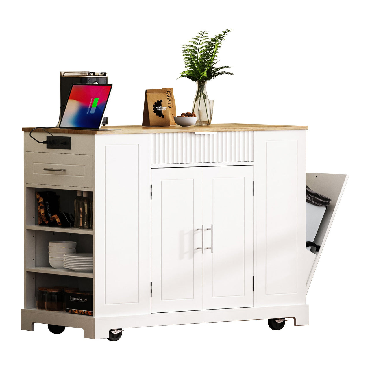 K&K Fluted Kitchen Island with Trash Can Storage Cabinet, Power Outlet, Internal Storage Rack, Rolling Kitchen Islands on 5 Wheels with 3 Drawer, 3 Open Side Racks for 10 Gallon Garbage Bin, White