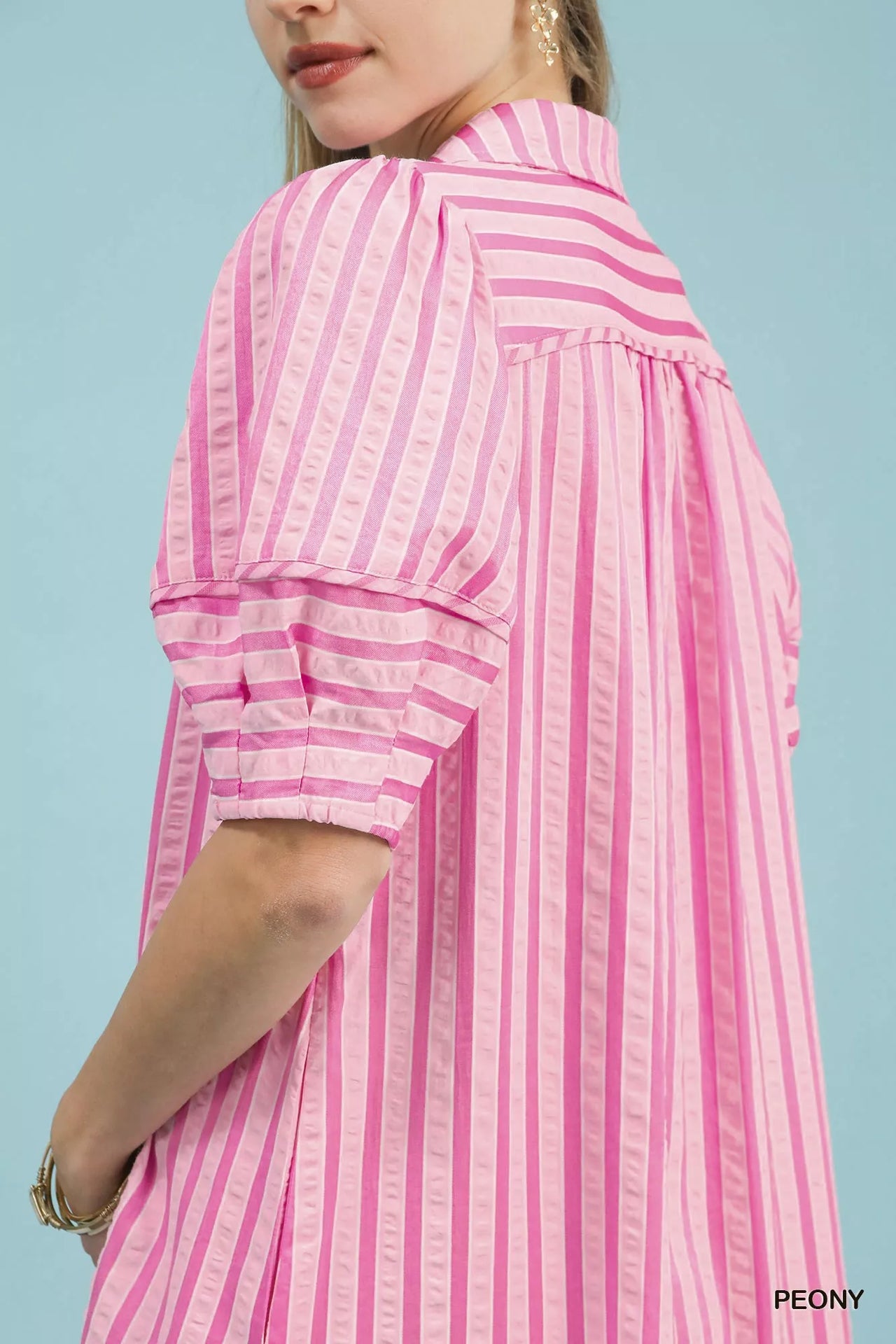 Umgee Striped Puff Sleeve Midi Dress