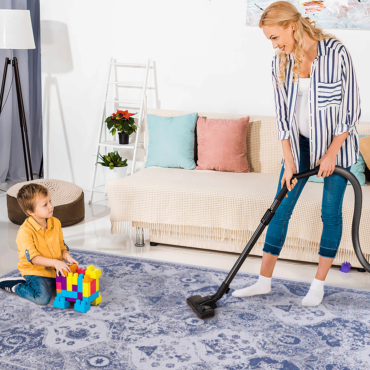 LOOM & LUXE Blue Area Rug 5x8, Washable Rug, Low-Pile, Non-Slip, Non-Shedding, Foldable, Kid & Pet Friendly - Area Rugs for living room, bedroom, kitchen (Blue, 5' x 8')