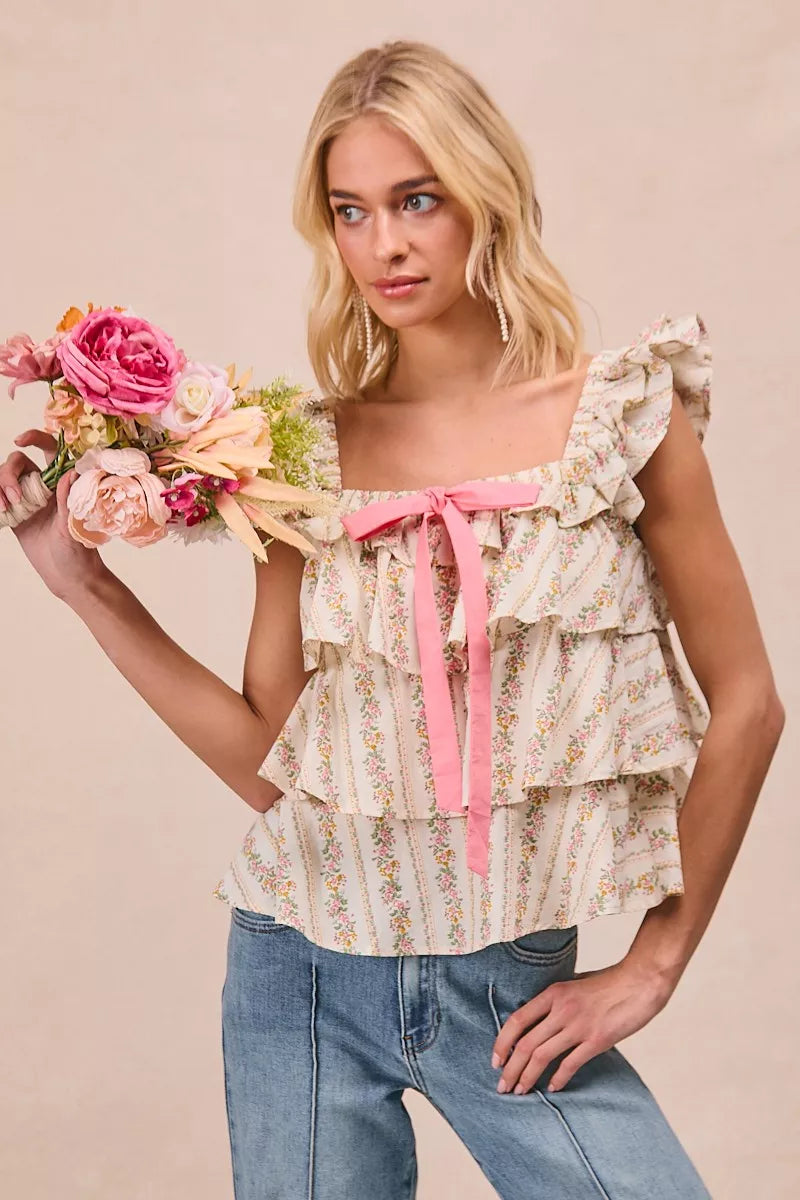 BiBi Floral Printed Woven Front Bow Tied Ruffled Square Neck Sleeveless Top