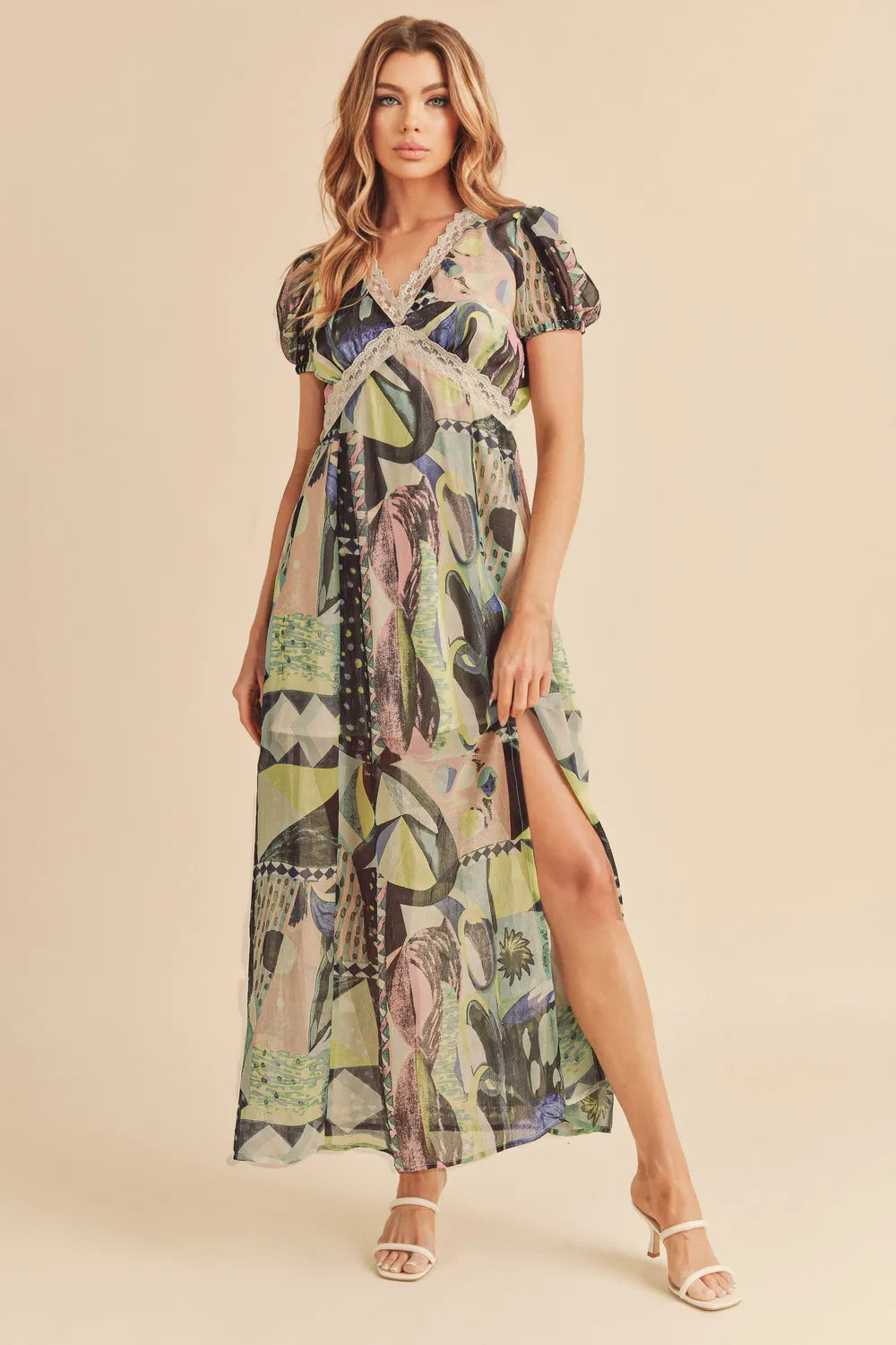 Aemi + Co Lace Detail Slit Geometric Print Short Sleeve Maxi Dress