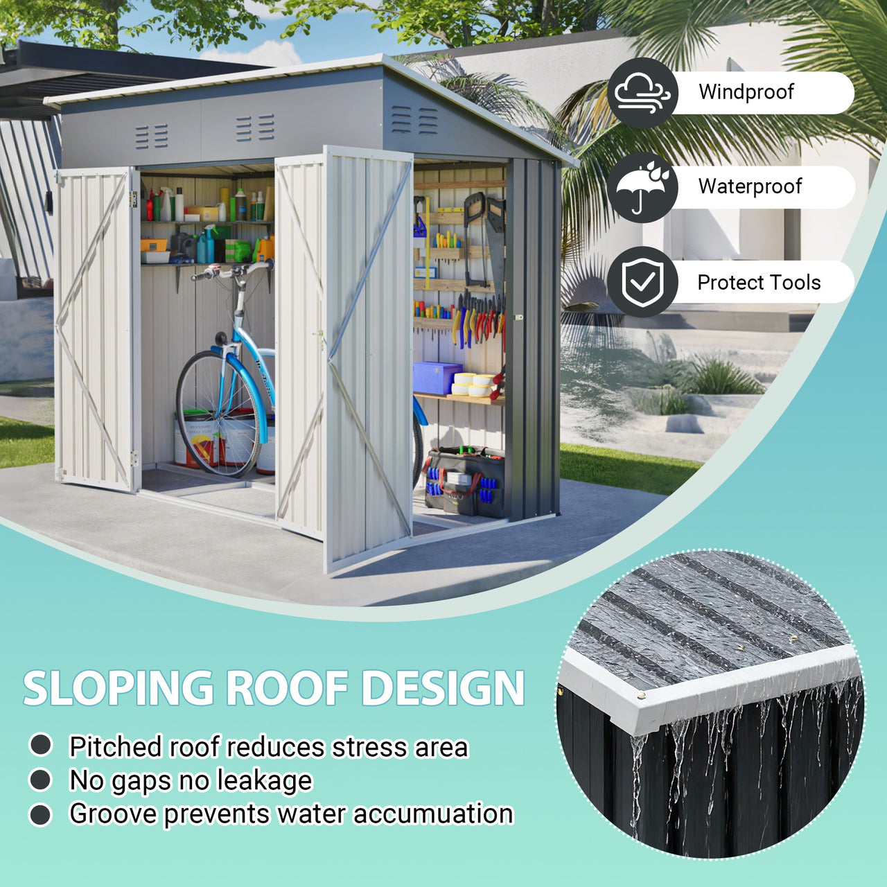 4x8 Slope-Roof Reinforced Storage Shed with Weatherproof Sloping Roof & 4 Air Vents, Heavy-Duty Sturdy Metal Frame, Left/Right Optional Door, Outdoor Tool Shed Warehouse for Garden Storage Pet House