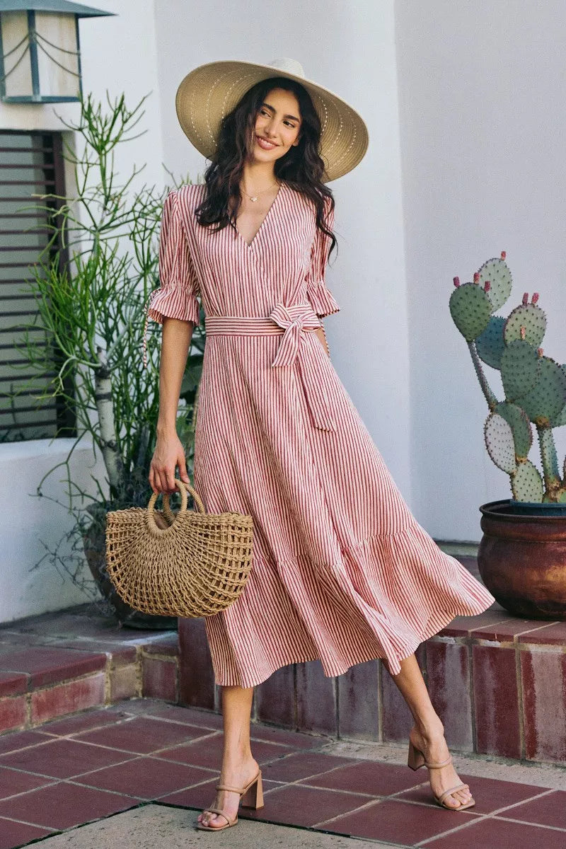 SO ME Stripe Textured Short Sleeves Lined Wrap Midi Dres