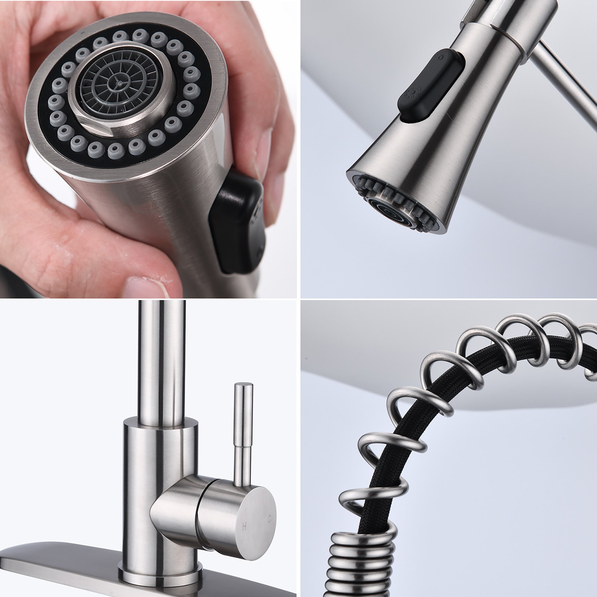 Modern Brushed Nickel Single Handle Spring High Arc Kitchen Faucet with Water Filter System, Stainless Steel