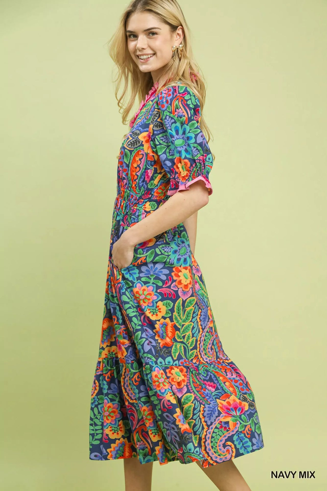 Umgee Mix Floral Midi Dress with Ruffle Trim