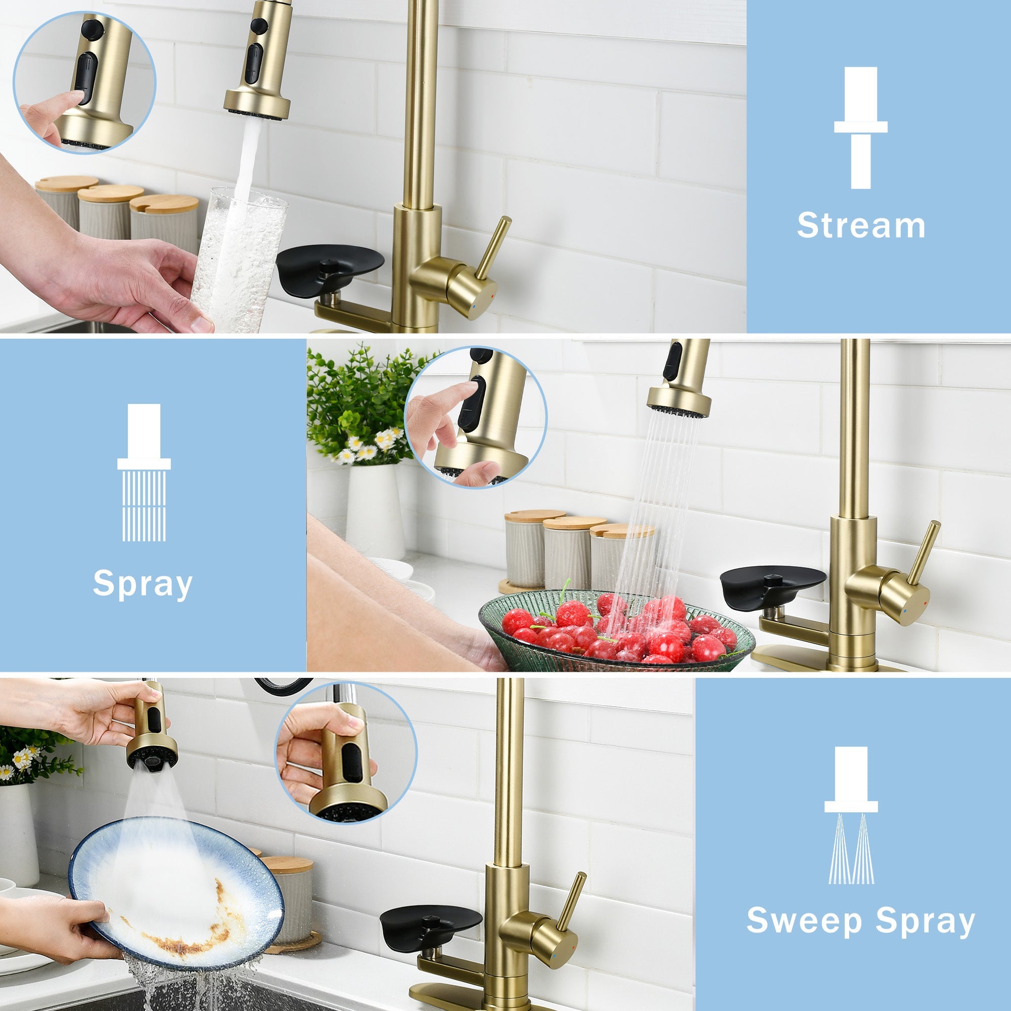 3-in-1 Kitchen Faucet with Press-Type Glass Rinser, Brushed Gold Finish, High-Arc Pull-Down Sprayer, Universal for 1 & 3 Holes, Stainless Steel and ABS Construction
