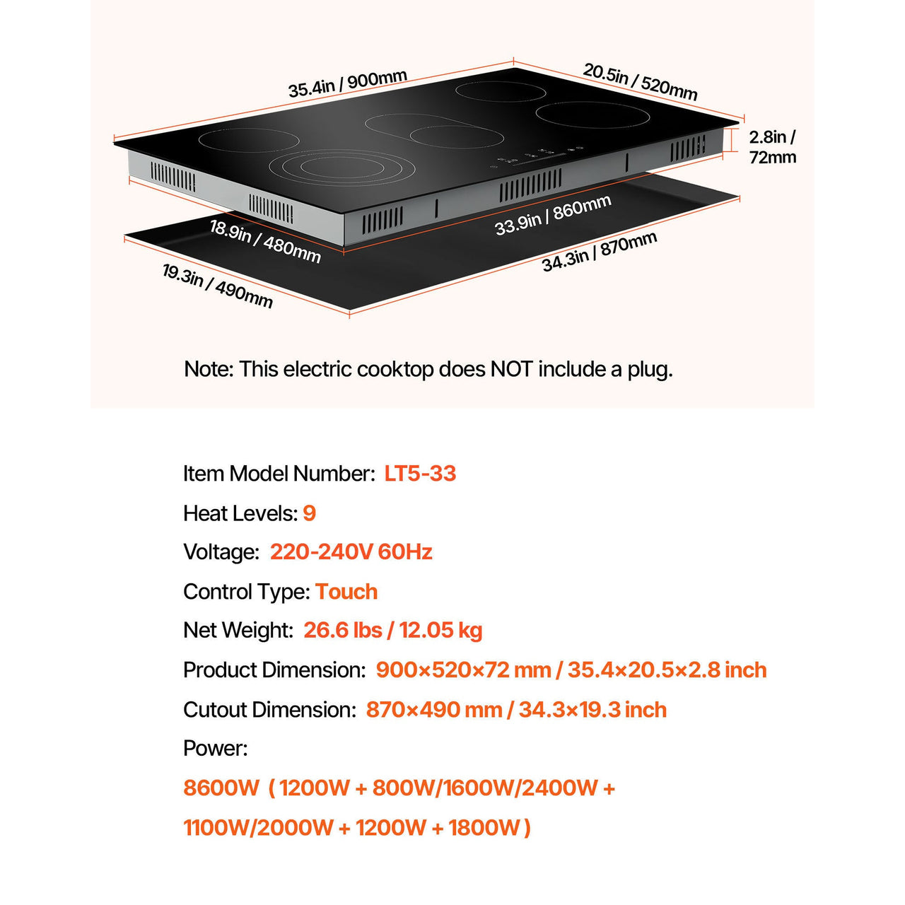Built-in Electric Cooktop Radiant Ceramic Cooktop 5 Burners 35.4x20.5 inch