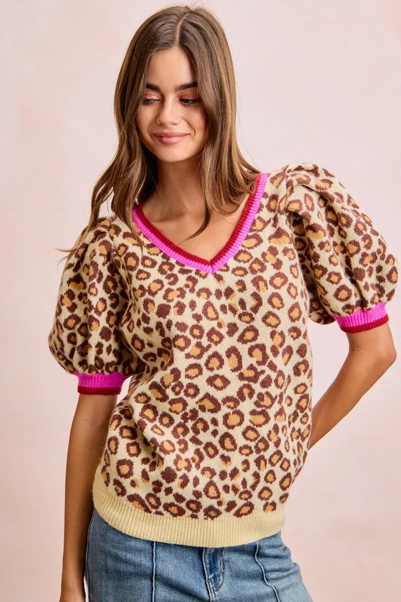 BiBi Leopard Pattern Puff Sleeve V-neck Sweater Top
