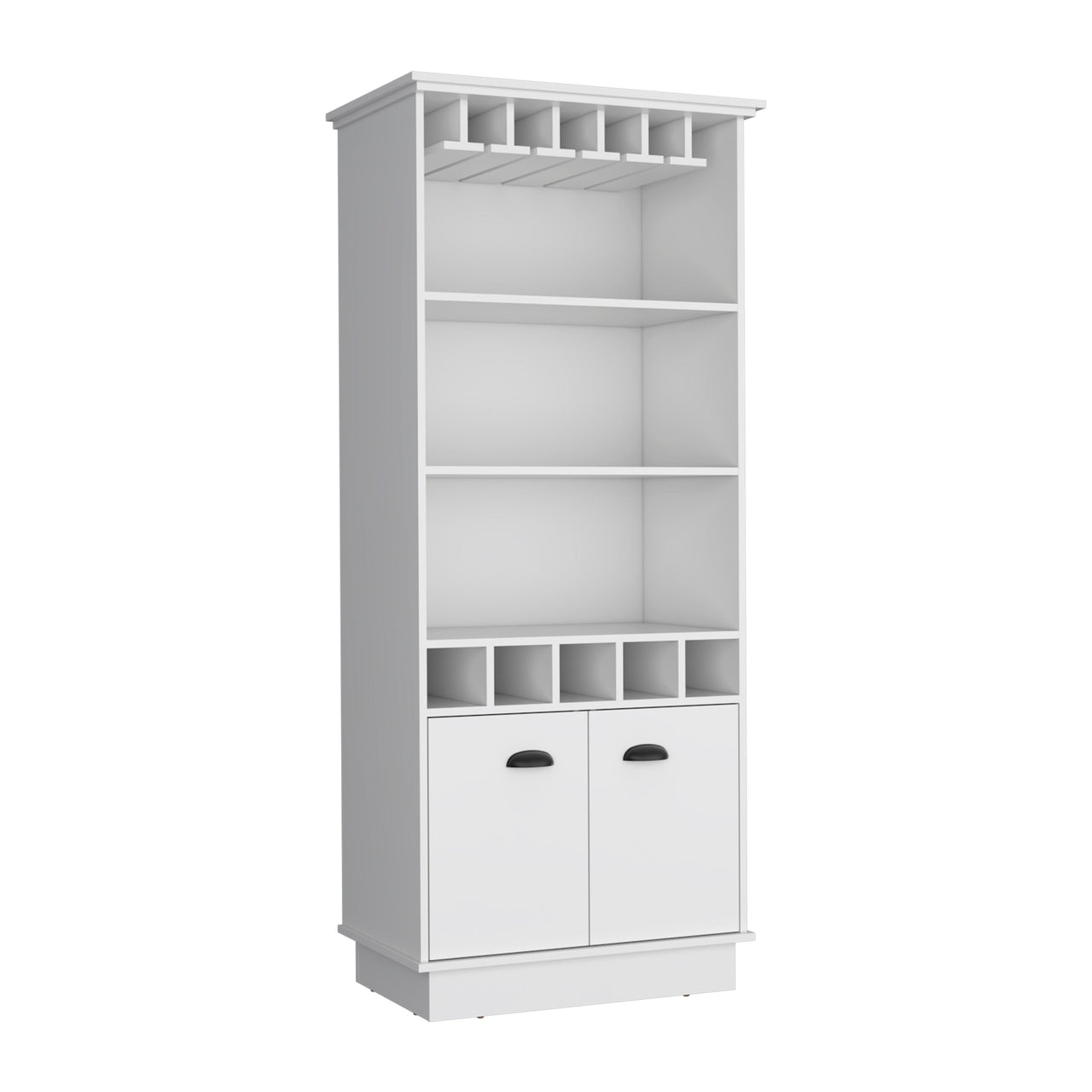 70'H Bar Cabinet with Wine Rack, Upper Glass Cabinet, three Open Storage Shelves and One Cabinet,White