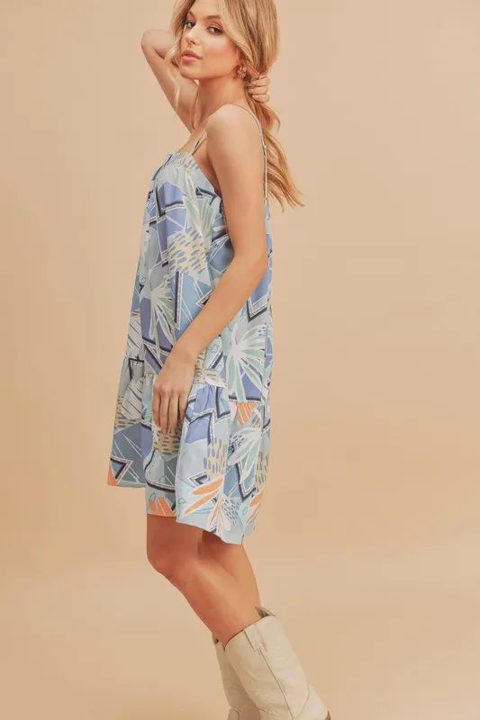 Aemi + Co Printed Ruffled Hem Square Neck Mini Cami Dress