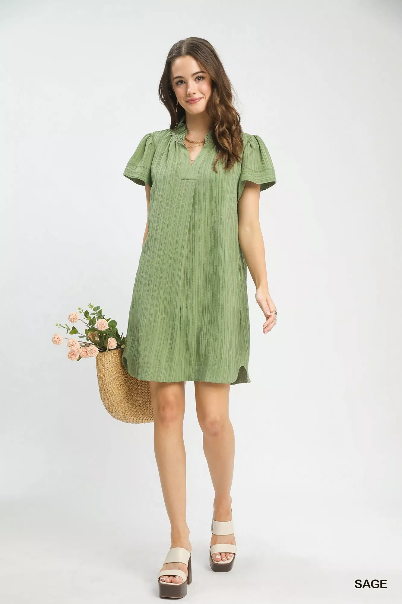 Umgee Flutter Sleeve V-Neck Shift Dress
