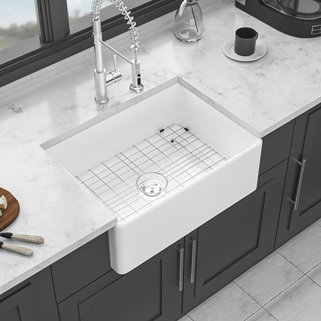 28 Inch White Farmhouse Sink Ceramic Single Bowl with Drain Assembly and Bottom Grid