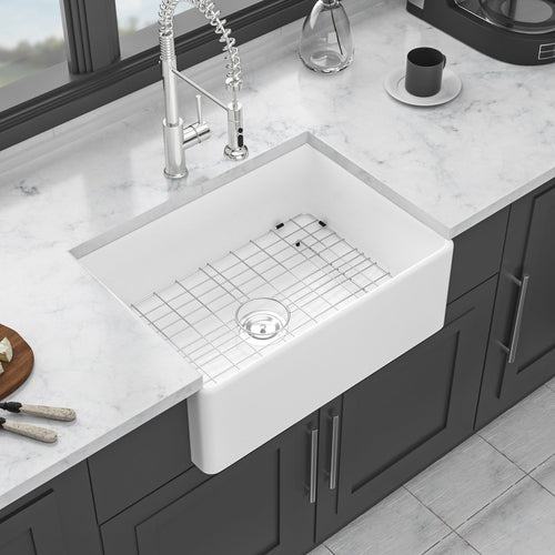 28 Inch White Farmhouse Sink Ceramic Single Bowl with Drain Assembly and Bottom Grid