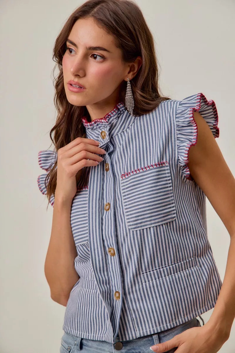 SO ME Stripe Twill Stitch Ruffled Hidden Button Vest Top
