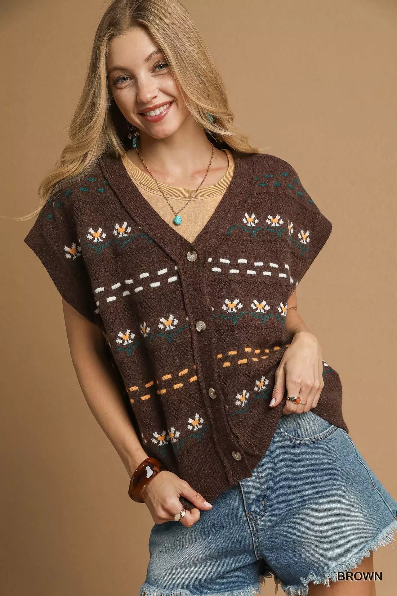 Umgee Button-Down Knit Vest with Floral Pattern