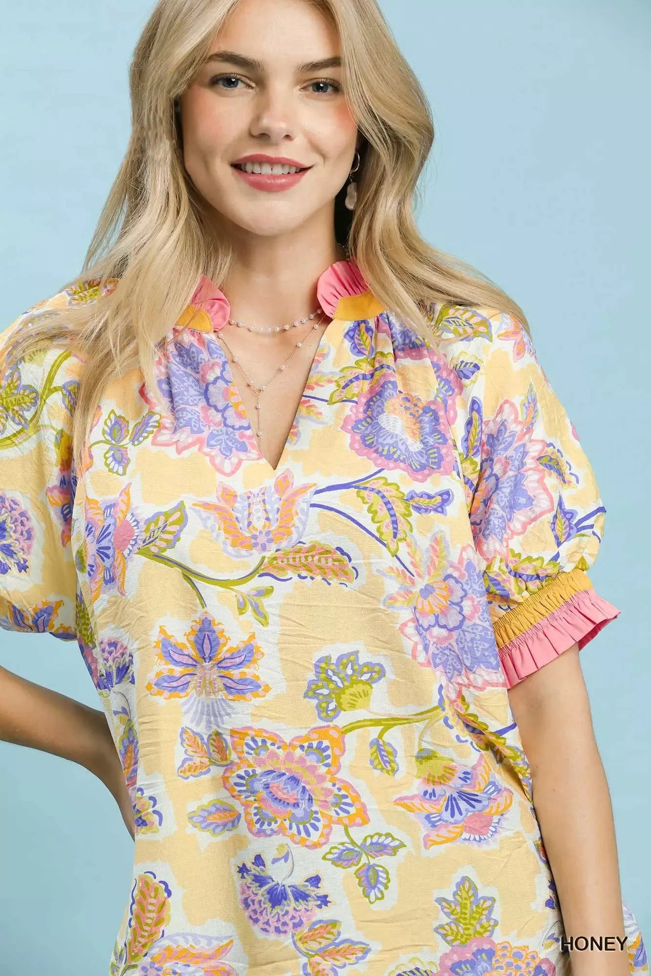 Umgee Floral Print Ruffled Short Sleeve Top