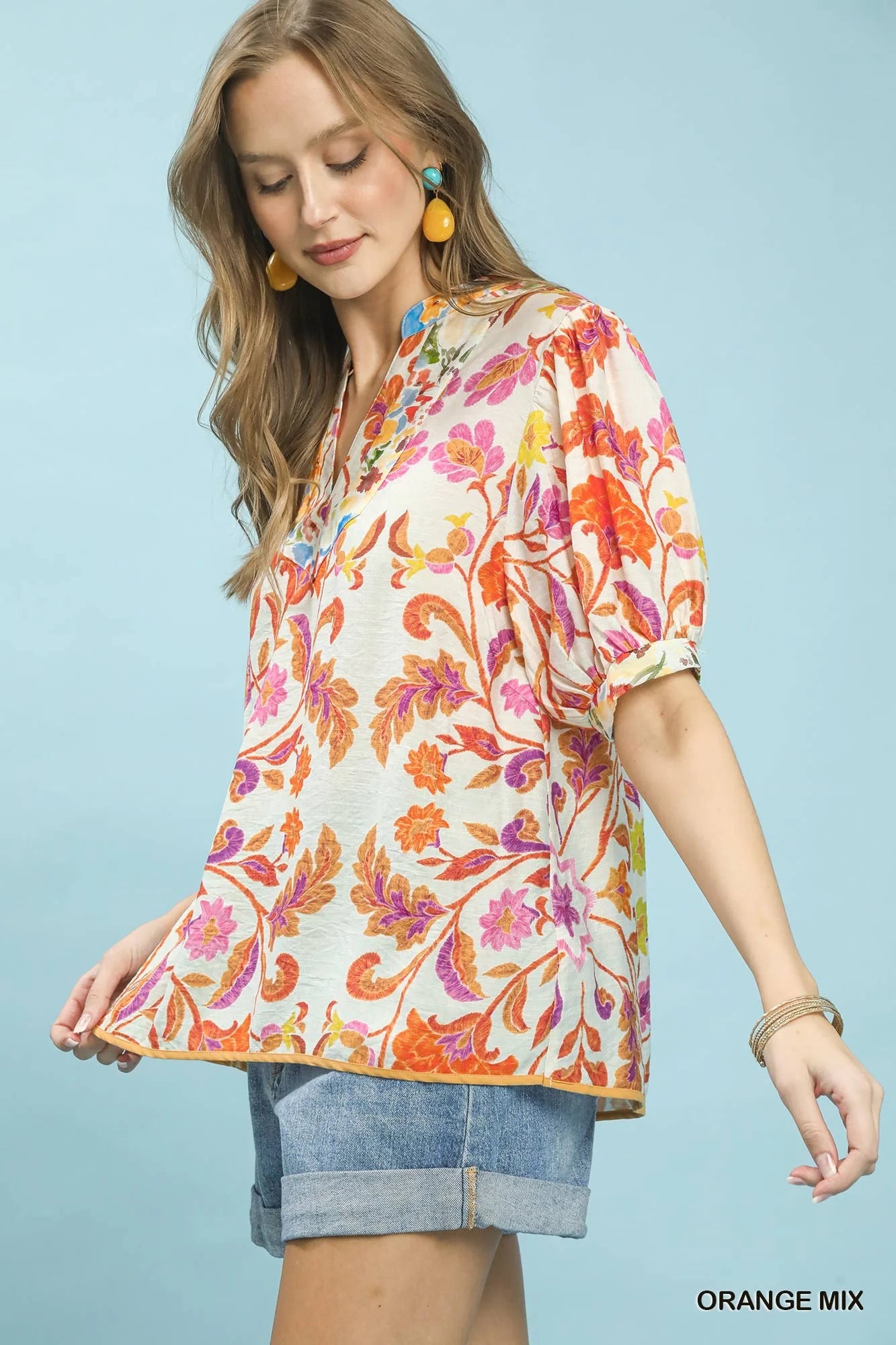 Umgee Mix Floral Split-Neck Short Sleeve Top