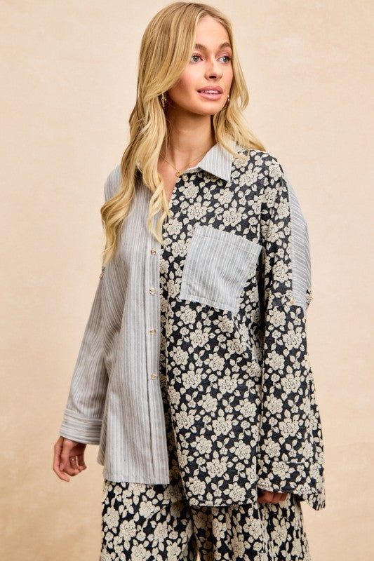 BiBi Stripes Jacquard Floral Mix And Match Shirt Top