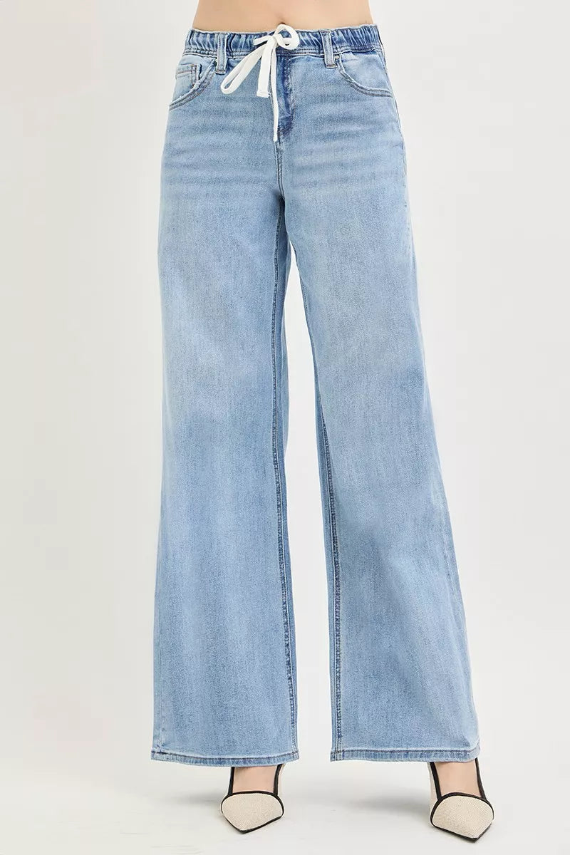 RISEN Elastic Band Slouchy Wide Jeans with Drawstring