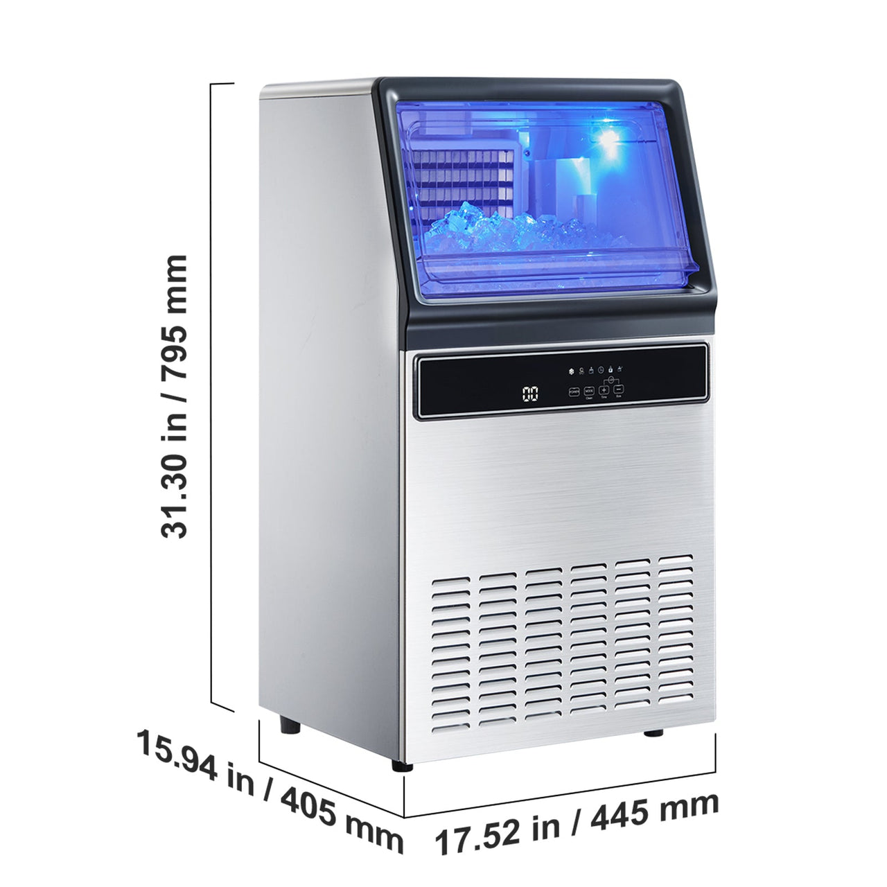 Commercial Ice Maker Machine, 130Lbs/24H with 33Lbs Storage, 45 Cubes per Cycle, Stainless Steel Freestanding & Under Counter Ice Maker with LED Display & Self-Cleaning, for Home Bar Restaurant