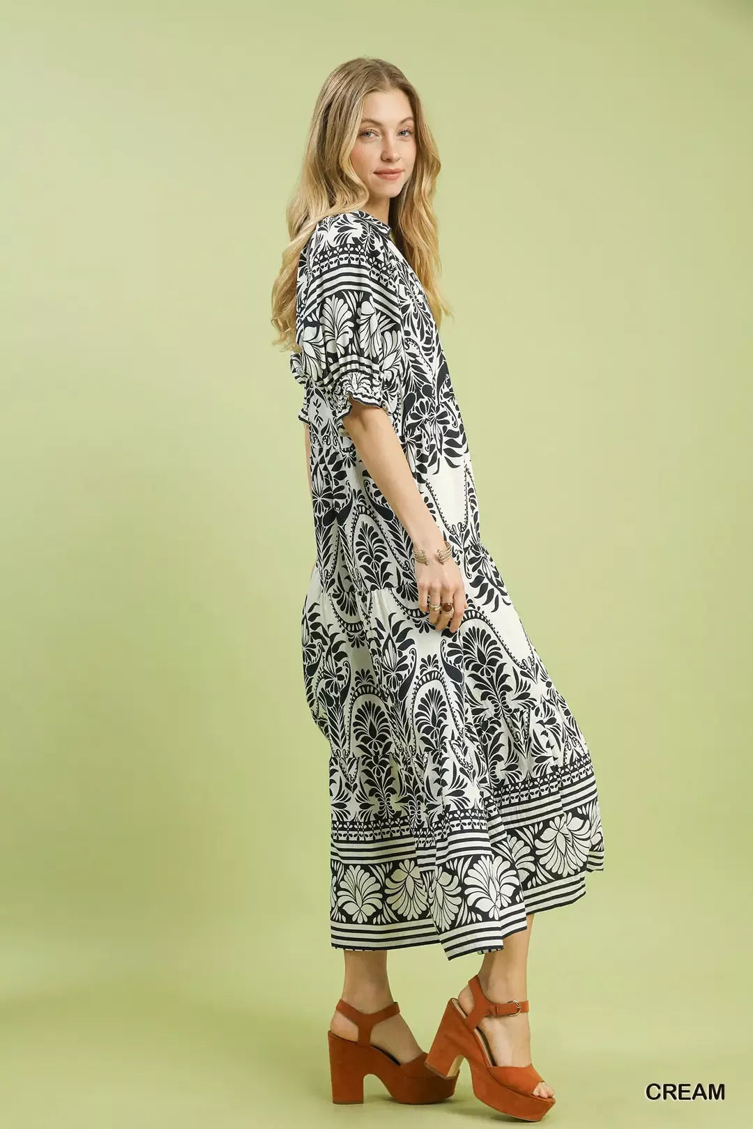 Umgee Two tone Border Print Midi Dress