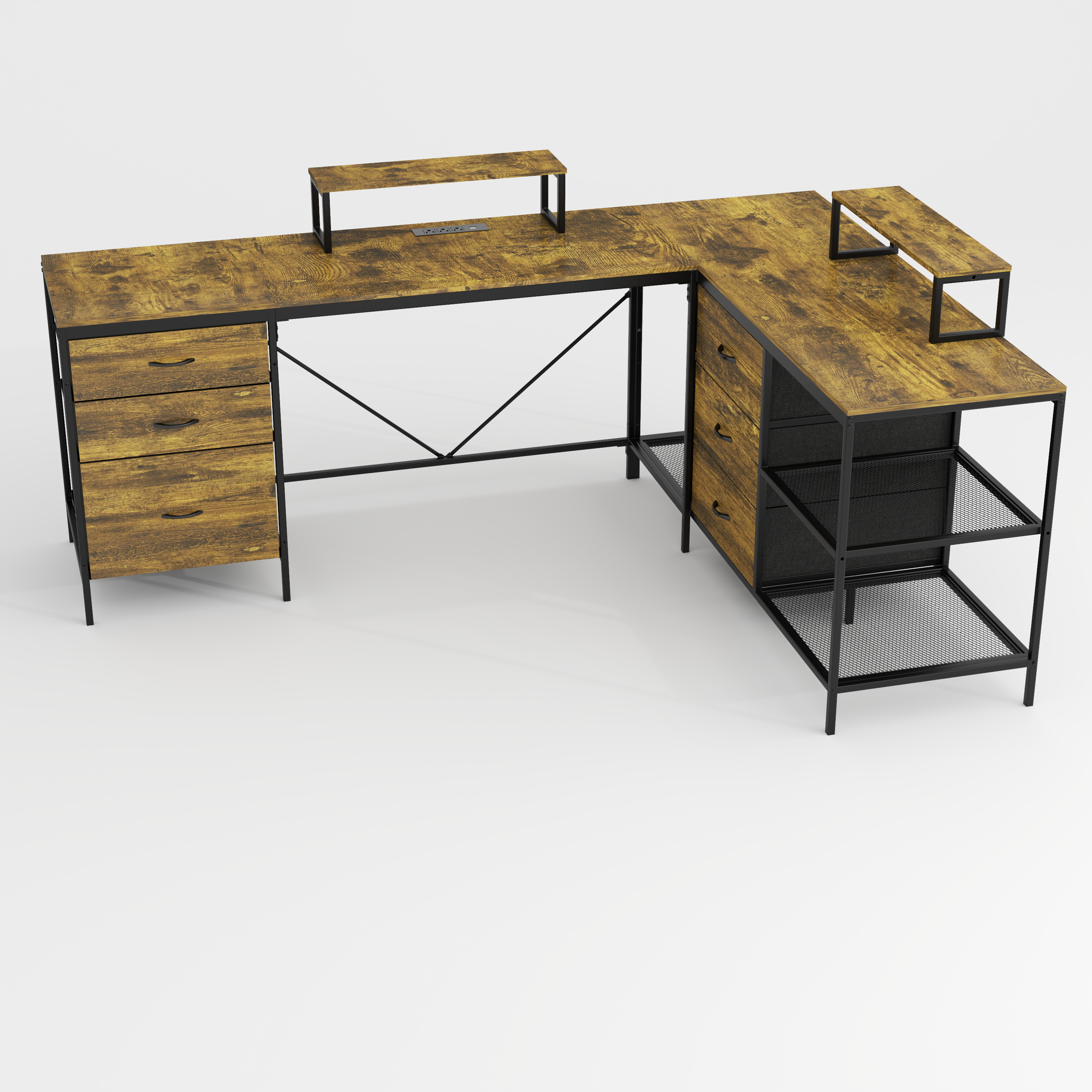 Industrial L-Shaped Computer Desk with Power Outlets & USB-C, Rustic Brown Metal Frame, 6 Fabric Drawers, 3 Open Shelves, Movable Monitor Stands, 114 Inch Corner Office Desk for Gaming and Work