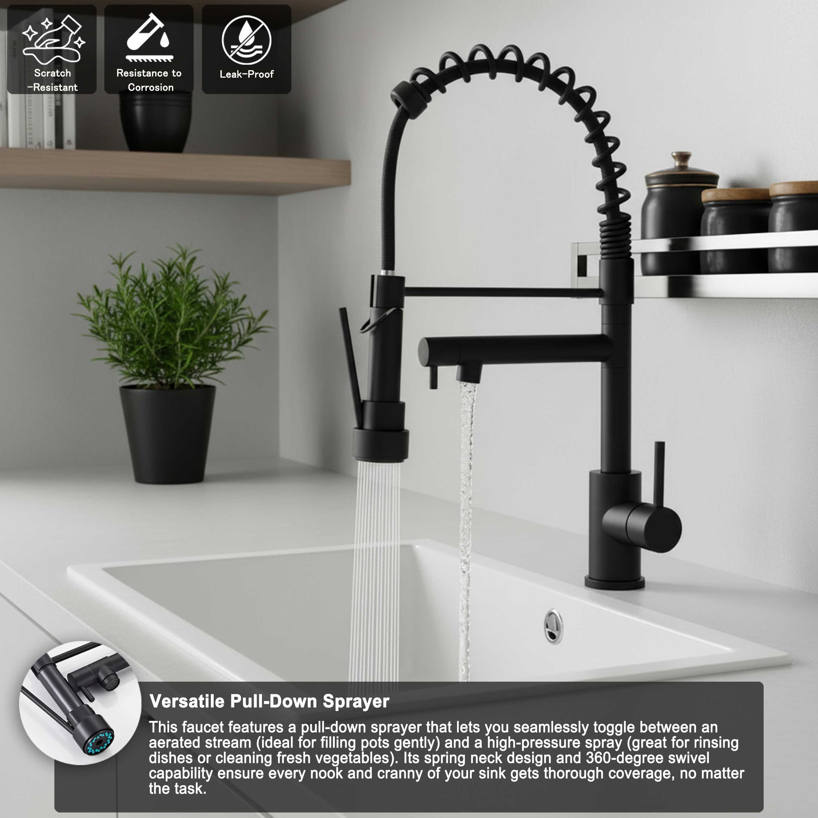 Kitchen Faucet with Pull Down Sprayer, Touch On Single Handle 2- Function Stainless Steel Spring Neck, Single Hole Installation for Residential, Commercial, RV, Bar & More, Matte Black