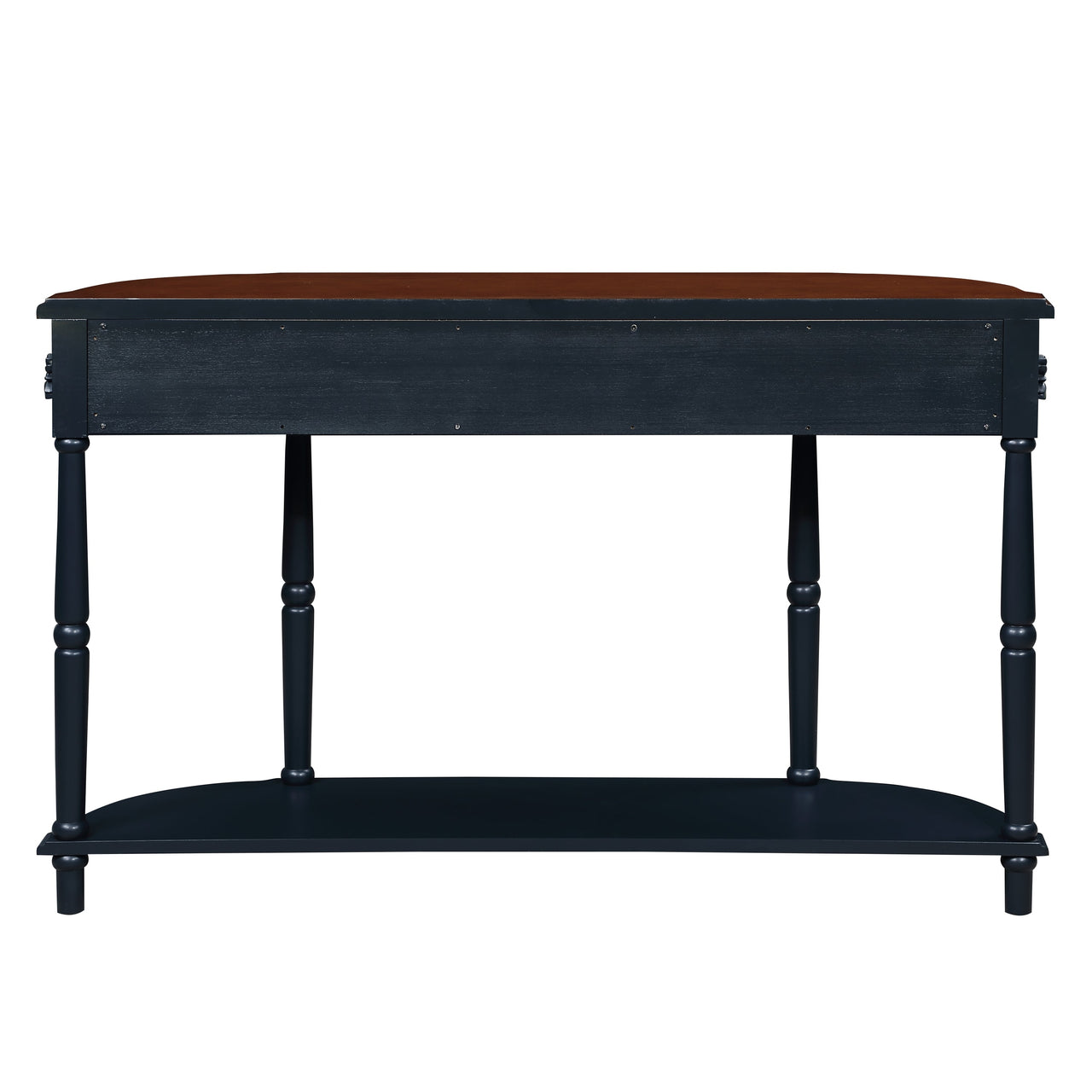 Retro Curved Wood Console Table, 52 inch Circular Half Moon Sofa Table with Open Shelf and 2 Drawers, Solid Wood Entry Table for Living Room, Hallway, Navy Blue + Brown Top