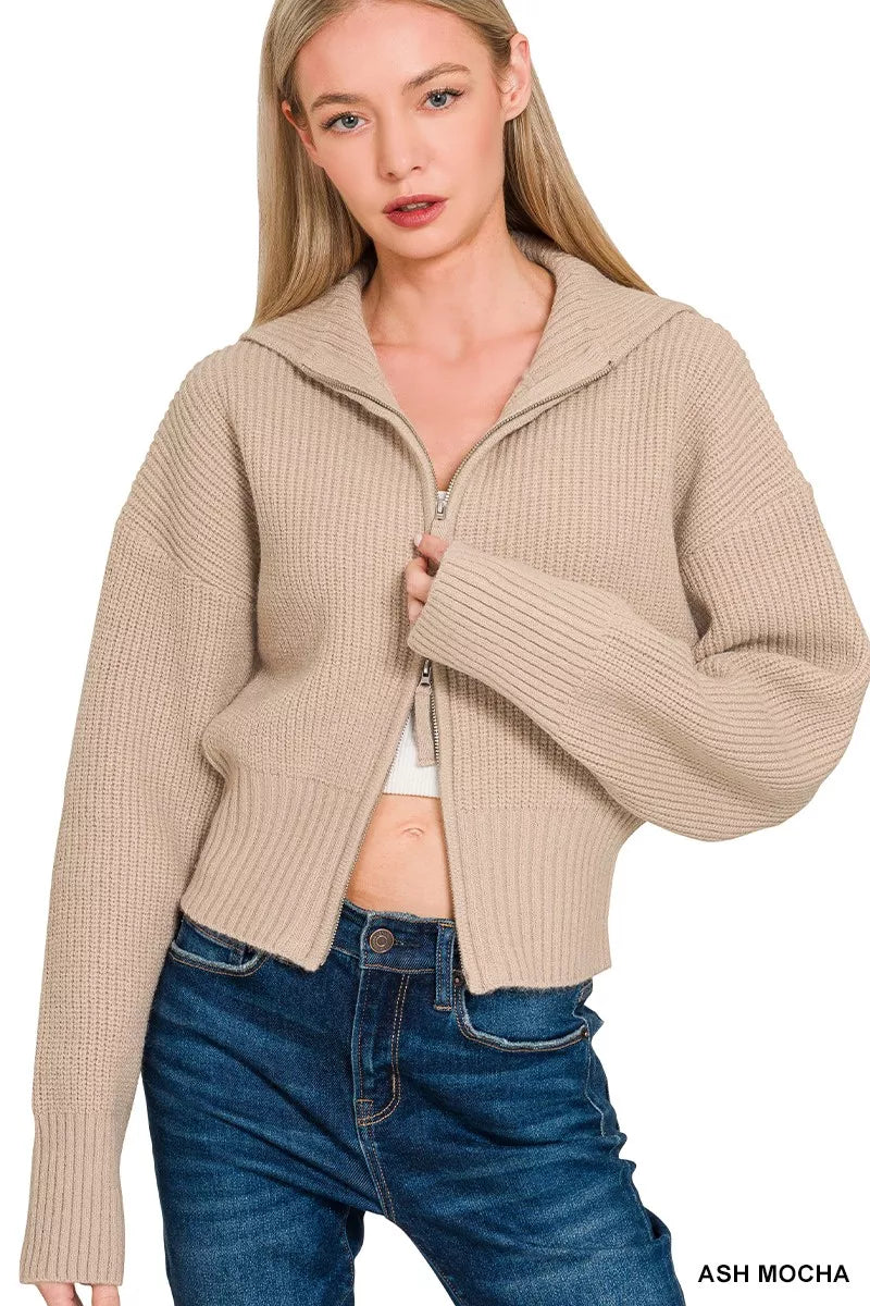 Zenana Ribbed Collared Zip Up Sweater Cardigan