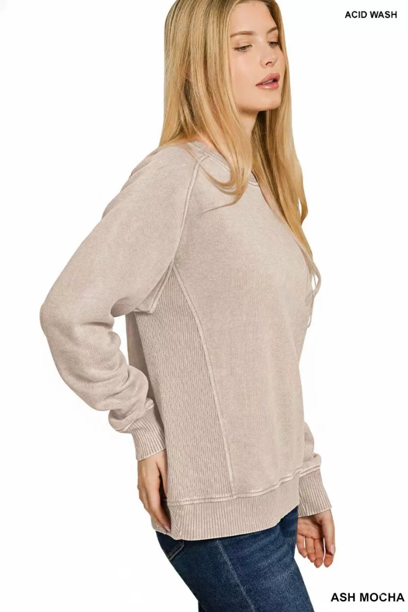 Zenana Acid Washed Fleece Sweatshirt with Side Rib