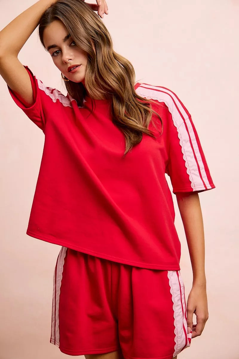 BiBi French Terry Side Lace Detail Short Sleeves Top
