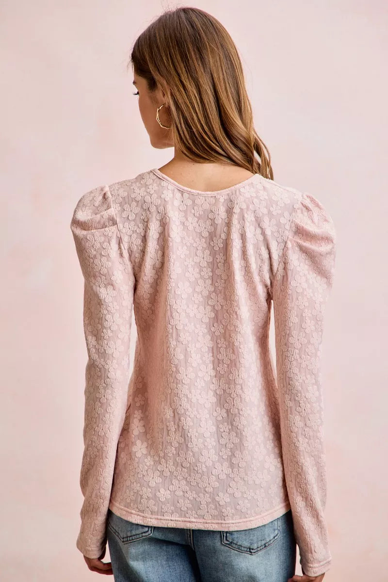 BiBi Textured Flower Knit Puff Shoulder Top