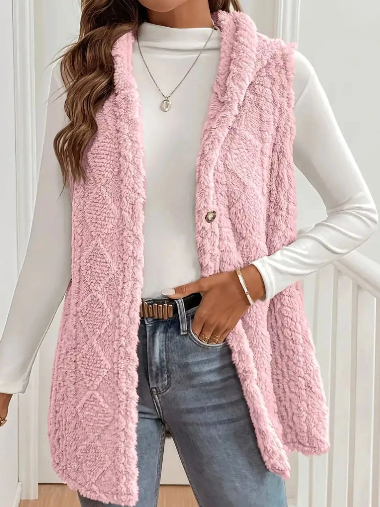 Button-Down Sherpa Hooded Vest Coat