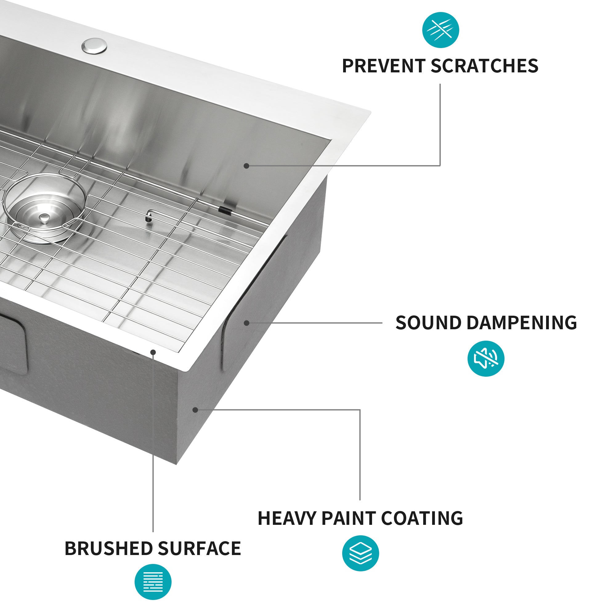 Brushed Nickel 33 x 22 Inch Kitchen Sink Drop In 16 Gauge Stainless Steel Single Bowl Topmount Basin