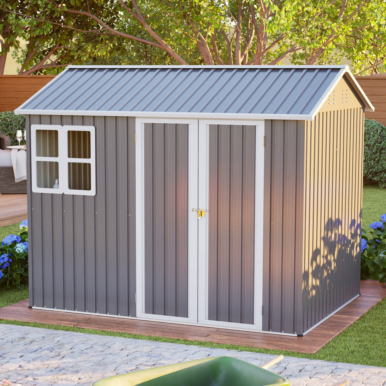 8'x6' Large Steel Storage Shed with Window, Lockable Doors & Sloped Roof, Heavy Duty Outdoor Tool Shed for Garden, Patio, Backyard, Lawn - Dark Gray