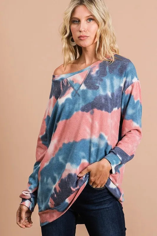 BiBi Tie Dye French Terry Pull Over with Front Stitching Detail