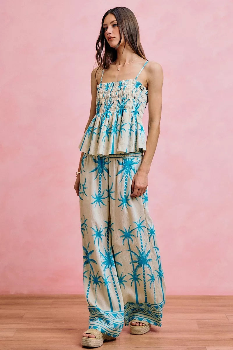 SO ME Palm Tree Smocked Bodice Adjustable Cami Top