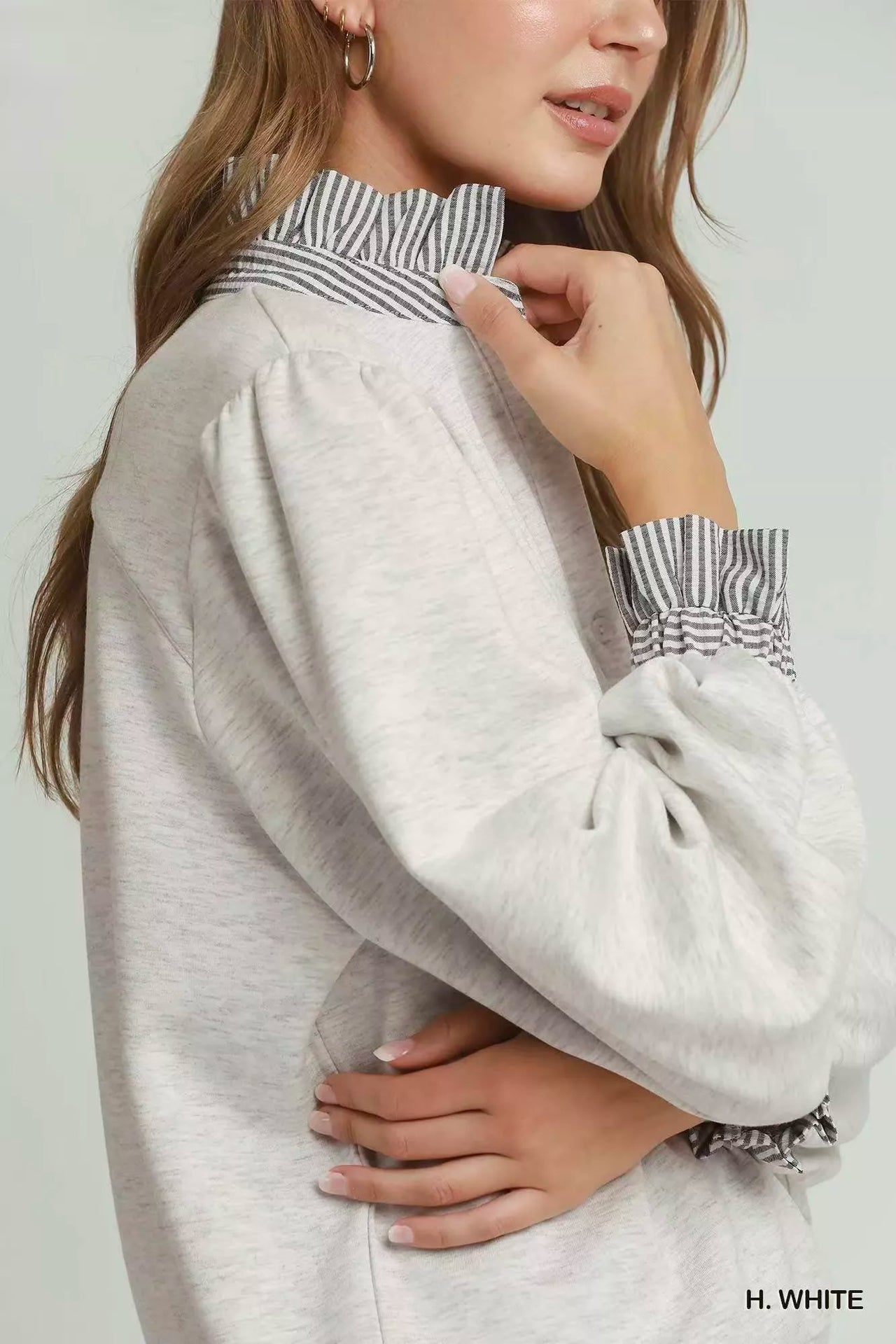 Umgee Stripe Ruffle Neck Long Sleeve Top