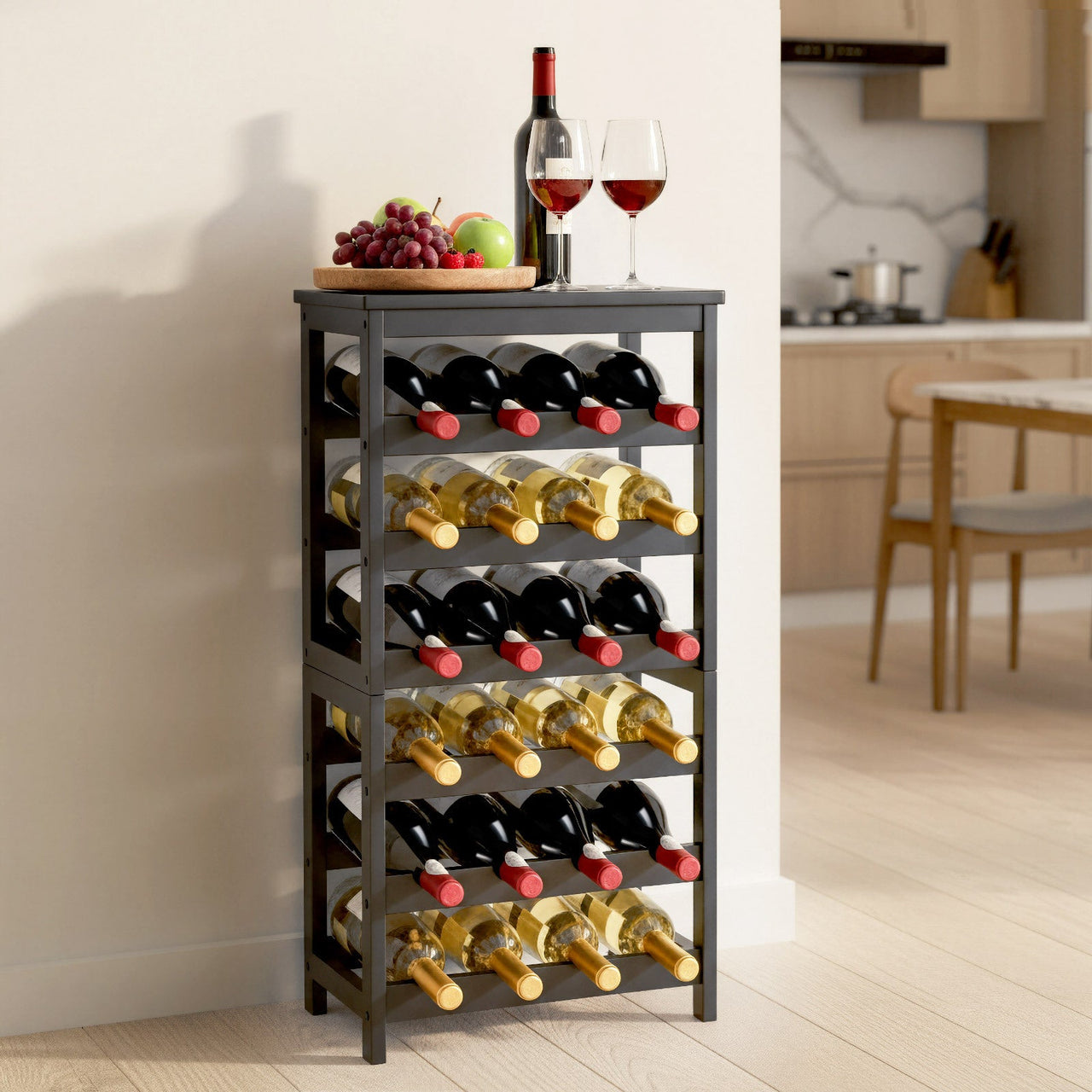 24 Bottle Detachable Wine Rack, 6-Tier Wine Bottle Holder, Freestanding Floor Display Wine Storage Shelves with Table Top, For Kitchen,Cellar,Bar,Dining Room,Living Room, Black