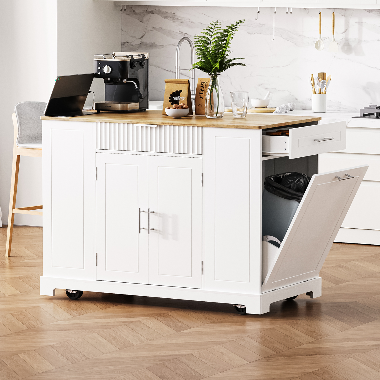 K&K Fluted Kitchen Island with Trash Can Storage Cabinet, Power Outlet, Internal Storage Rack, Rolling Kitchen Islands on 5 Wheels with 3 Drawer, 3 Open Side Racks for 10 Gallon Garbage Bin, White