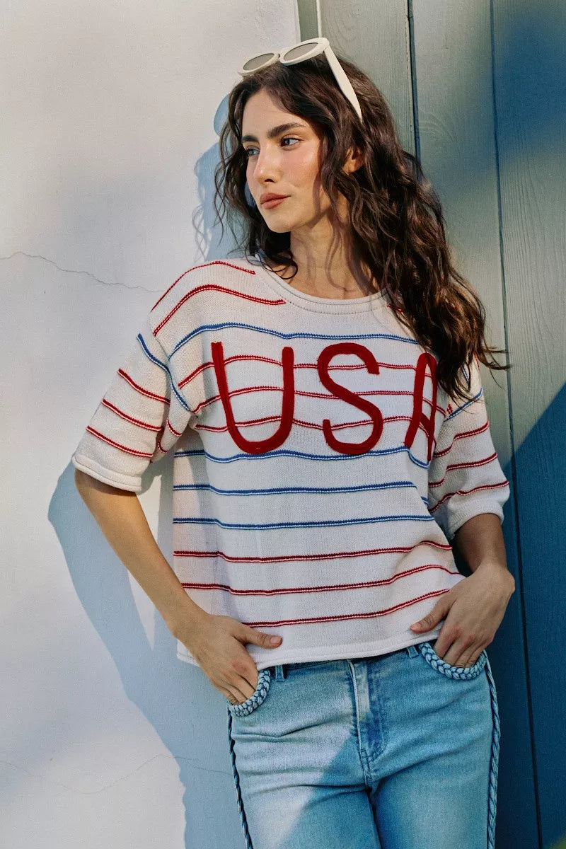 SO ME Usa Stripe Knit Short Sleeves Sweater Top
