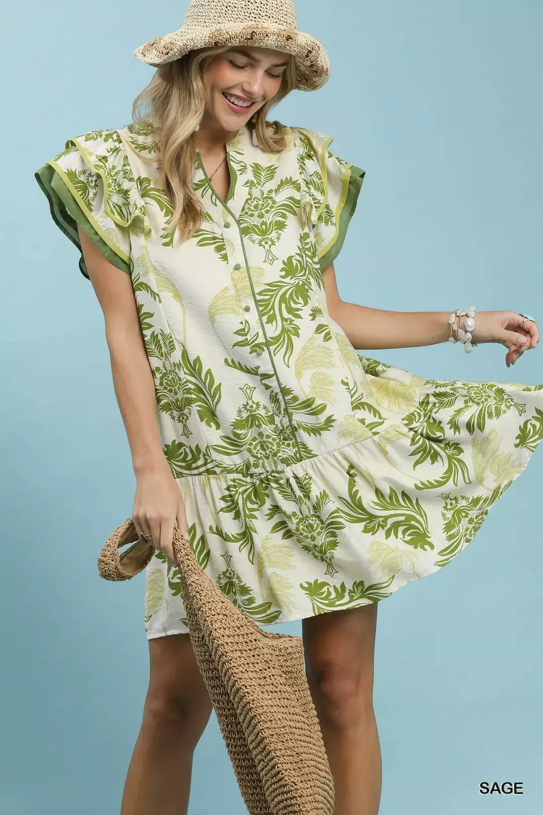 Umgee Toile Print Button-Front Placket Mini Dress with Dropped Ruffle Hem